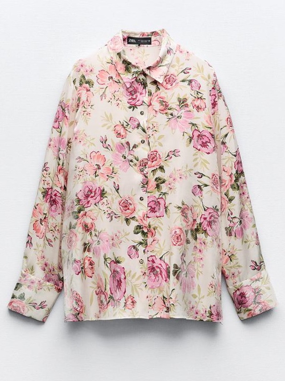 NWT. Zara. Floral Print Metallic Thread Button Down Shirt. Cream/Pink. Small.